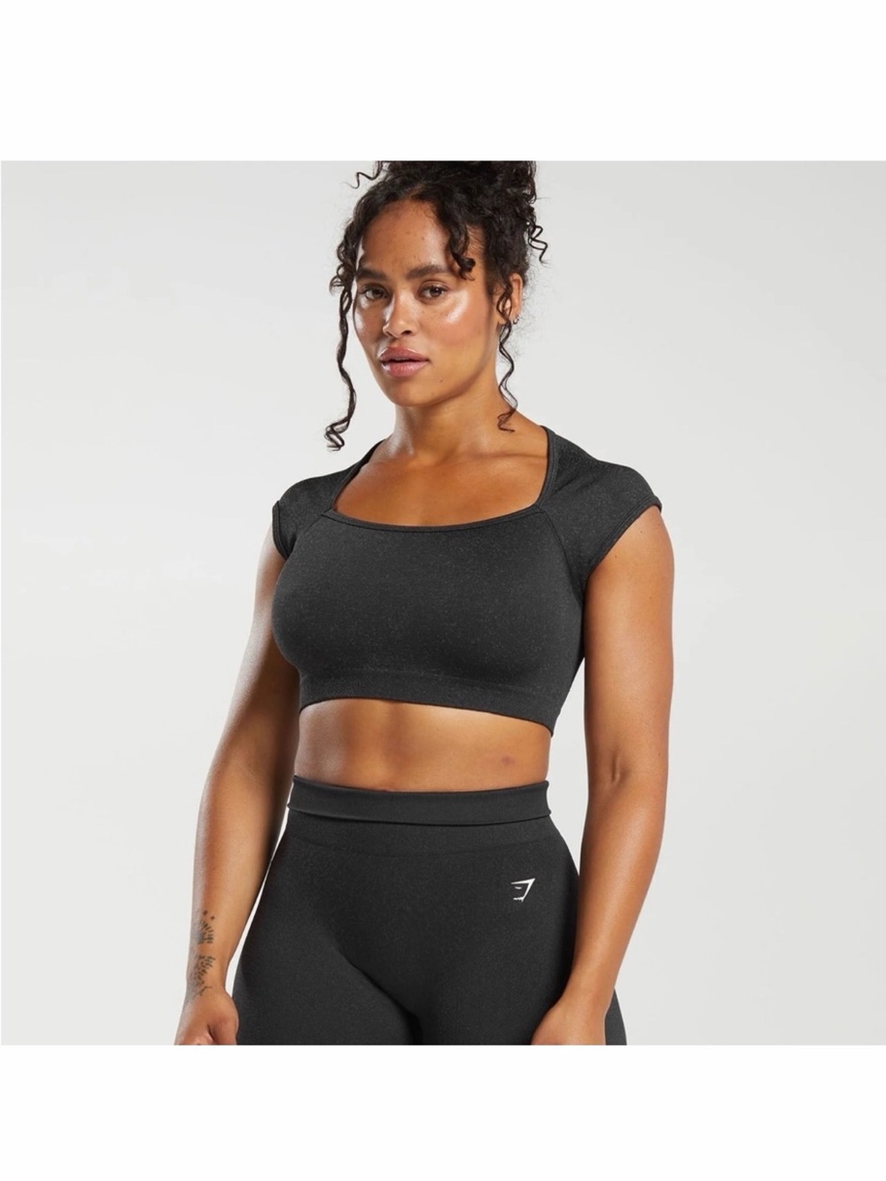 Gymshark Black Square Neck Crop Top with Cap Sleeves